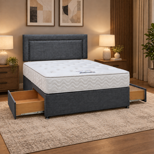 George grey fabric divan bed with strutted headboard and Lullaby mattress in a bedroom, both drawers open