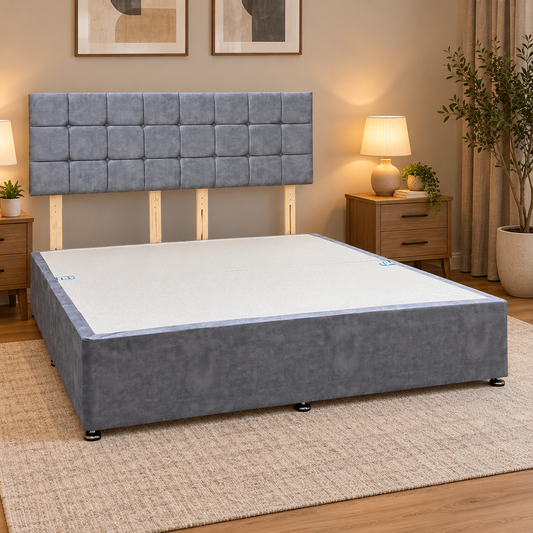 Monty light grey velvet strutted headboard and super king divan base in a bedroom with bedside tables