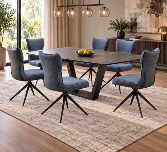 ‘Carrera’ Dark Grey Fabric Set of 6 Swivel Dining Chairs