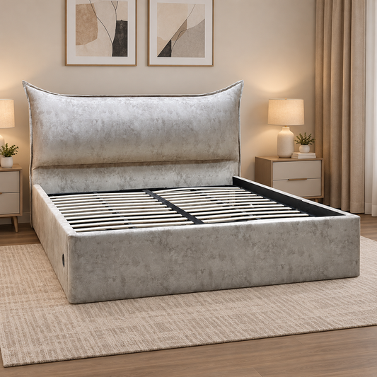 'Celestial' Allora Stone Grey Fabric Electric Ottoman Bed Frame - Super King