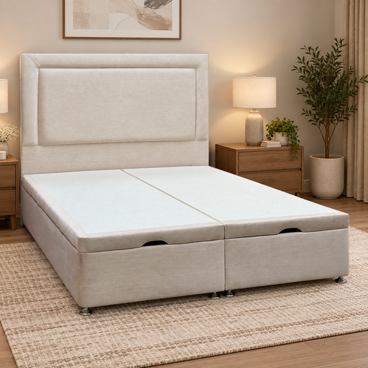Artisan Collection ‘Foley’ 901 Sandstone Pearl Beige Fabric Standard Floor Standing Headboard + Double End Lift Ottoman Divan Base - King