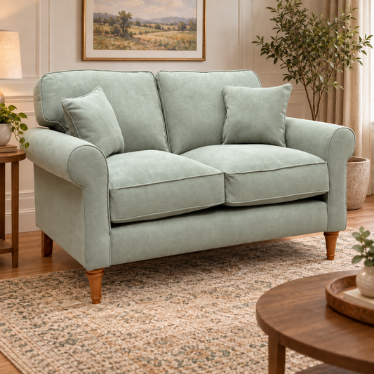 William olive green fabric 2 seater sofa in a living room with a patterned rug and wooden coffee table