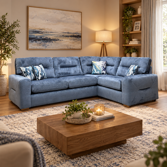 Melrose blue chenille right hand corner sofa in a living room with a wooden coffee table and floor lamp