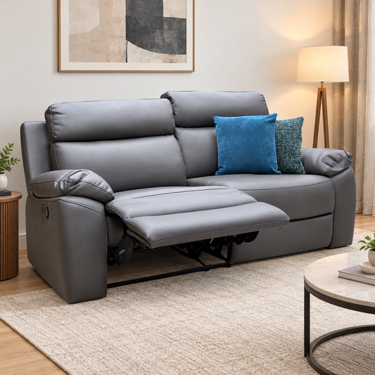 'Edison' Charcoal Grey Luxury Faux Leather 3 Seater Manual Recliner Sofa