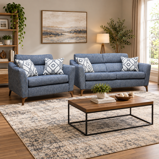 Moderna marine blue woven 2 seater sofa and snuggler chair in a living room with a wooden coffee table