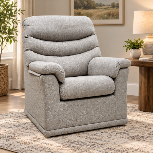 G Plan Malvern oatmeal woven fabric chair in a living room beside a wooden side table and lamp