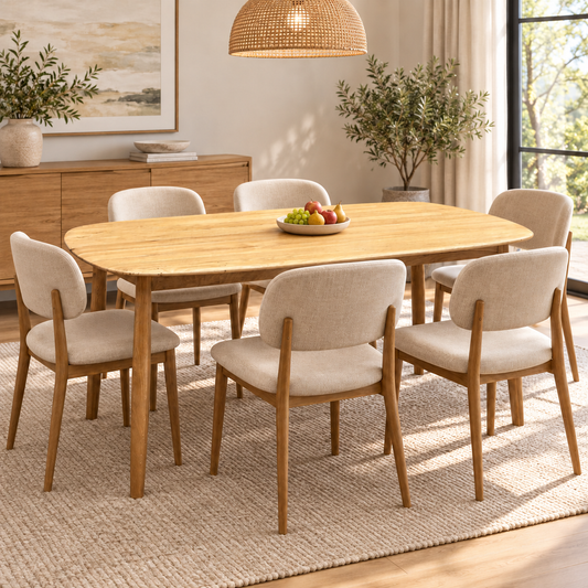 Stockholm light oak 160cm dining table in a dining room with six oak and beige fabric chairs and a rattan pendant