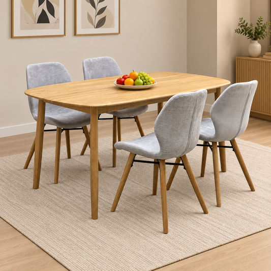 'Stockholm' Light Oak Solid Oak 160cm Dining Table with Light Grey Upholstered Chairs Set of 4
