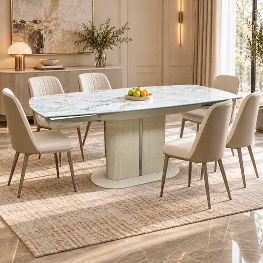 Avorio ceramic top extending dining table extended in a dining room with six cream chairs and a bowl of fruit
