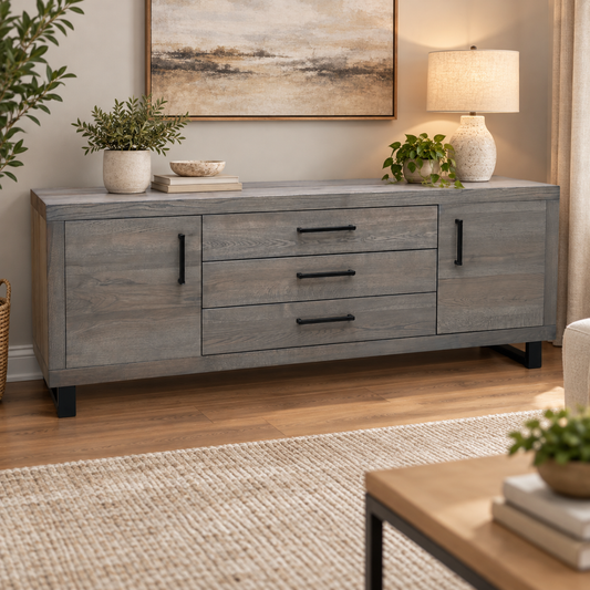 Bodahl Terra vintage grey oak 2 door 3 drawer sideboard in a living room with a lamp, plants and framed painting