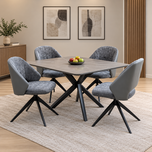 Raul anthracite grey faux leather swivel dining chairs around a grey table in a dining room with a pale rug