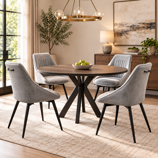 Four Crete light grey fabric dining chairs around a round dark wooden table in a dining room with a brass light