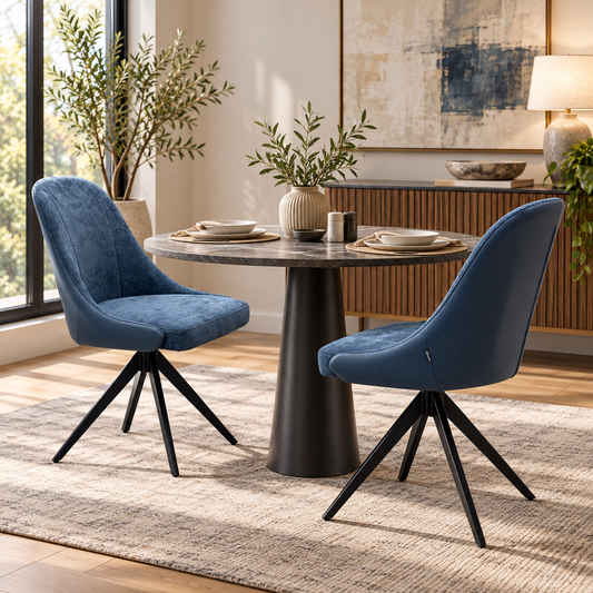 ‘Jose’ Navy Blue Fabric Pair of Swivel Dining Chairs