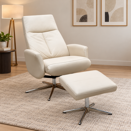 G Plan 'Vaasa' H007 Durham Dove Grey Leather Swivel Recliner Chair and Footstool with Chrome Base