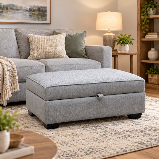 'Abberton' Iron Debdon Grey Plain Fabric Large Storage Footstool