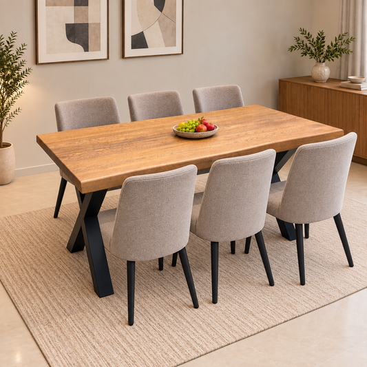 Bodahl Terra solid oak raw edge dining table in a dining room with six grey fabric chairs
