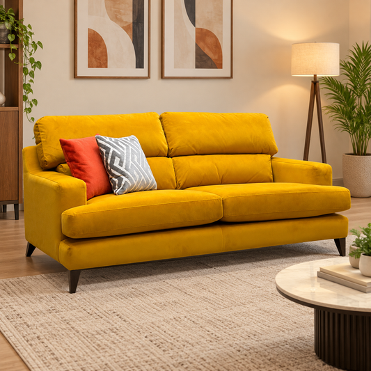 Romilly golden spice yellow velvet 3 seater sofa in a living room with a marble coffee table and floor lamp