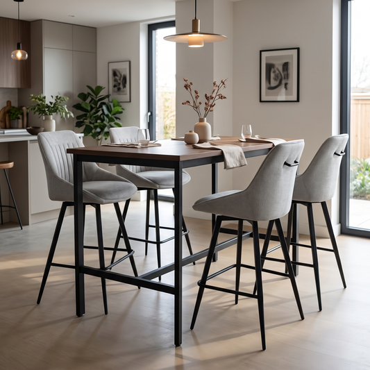 Crete light grey fabric set of 4 swivel bar stools at a high wooden bar table in a modern kitchen