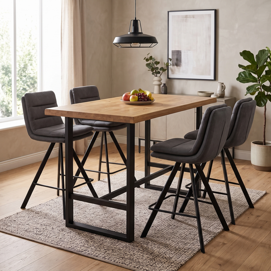 Bodahl Njord anthracite grey fabric swivel bar stools around an oak bar table in a dining room scene