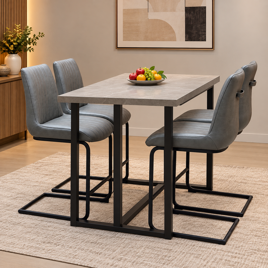 Bodahl Terra grey faux leather bar stools around a concrete effect bar table in a dining room