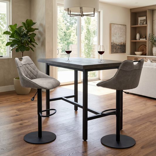 Warrior taupe fabric pair of swivel bar stools at a high dark wood bar table in an open plan living room