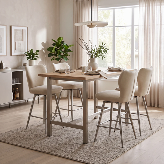 Elegante ivory white faux leather swivel bar stools around a high wooden table in a bright dining room