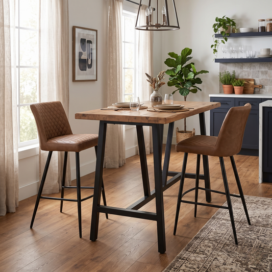 Earth tan brown faux leather pair of bar stools at a wooden bar table in a kitchen scene