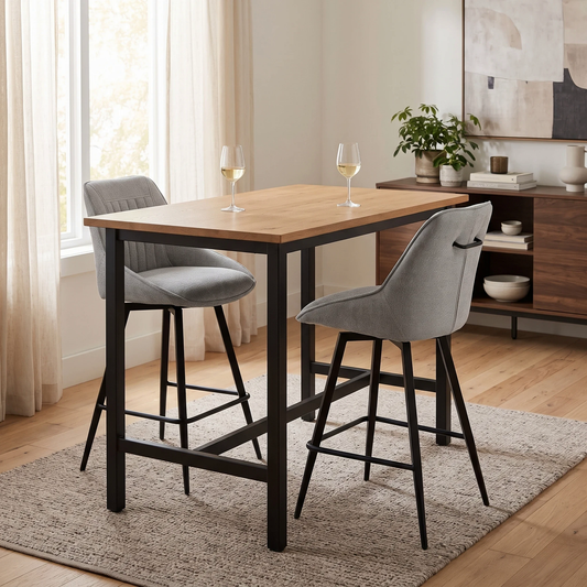 Crete silver fabric pair of swivel bar stools at a wooden bar table in a dining room scene