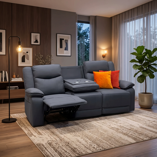 Milan mocha grey microfibre 3 seater recliner sofa in a living room, left seat reclined and cup holders down
