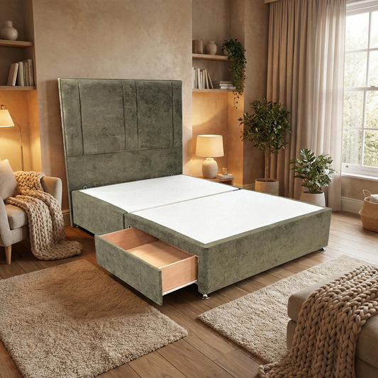 ‘Pegasus’ Khaki Velvet Floor Standing Headboard + Base with 2 Drawers - Double