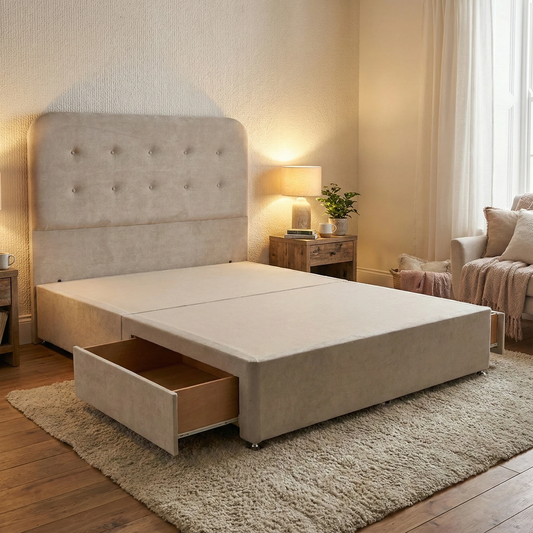 ‘Langley’ Stone Fabric Floor Standing Headboard + Base with 2 Drawers - King