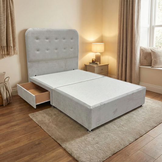 'Langley’ Stone Fabric Floor Standing Headboard + Base with 2 Drawers - Double