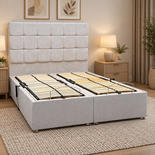 Atlas champagne fabric king electric adjustable divan and headboard in a bedroom scene, slatted base on show