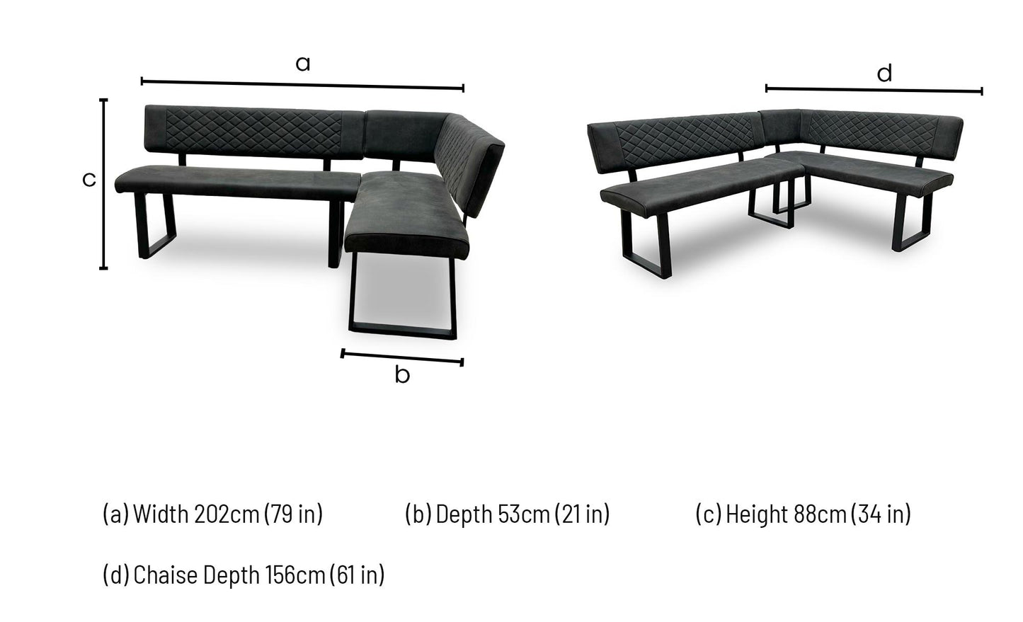 'Warrior' Crystal White Ceramic Top 120cm Swivel Extending Dining Table with Charcoal Grey Fabric Right Hand Facing Corner Bench & Taupe Fabric Cantilever Dining Chairs Set of 2