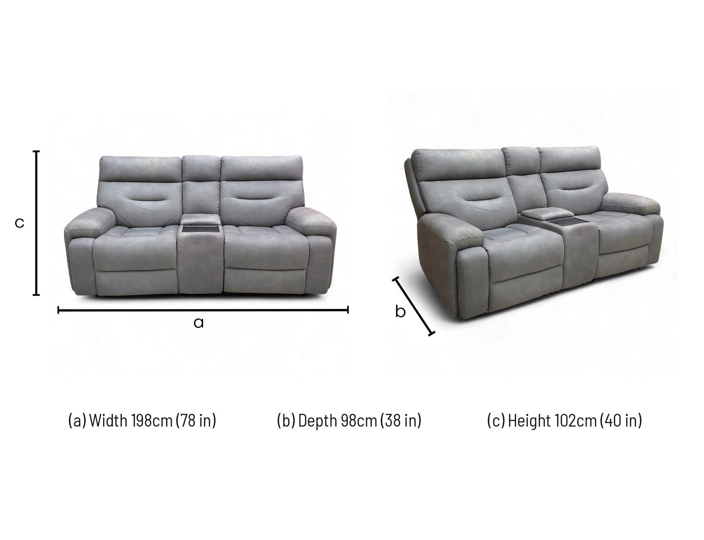 Dimension diagram for the Cinemax Nappa Grey velvet 2-seater media console power recliner sofa.