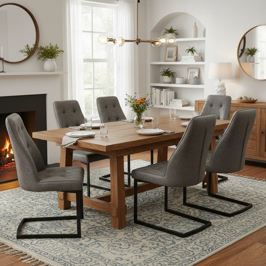 Dining room view of a Merlin dining chairs highlighting the sleek charcoal suede and chrome frame.