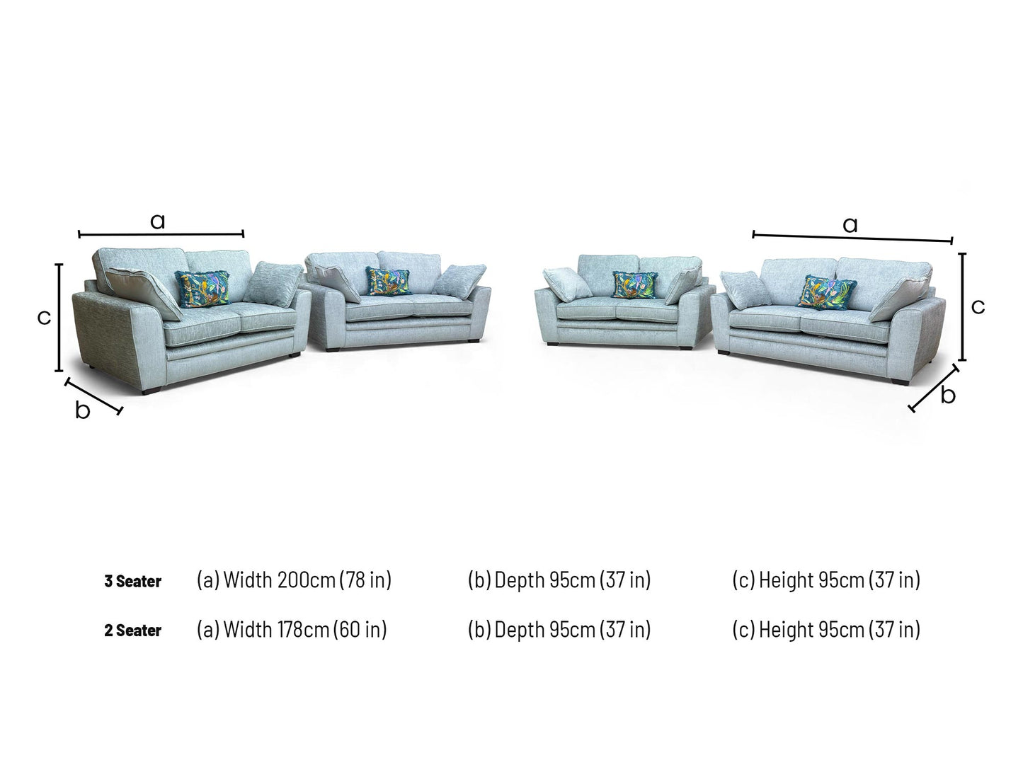 Dimensions for the Sofology 'Chalfont' Eau De Nil Fabric 3 + 2 Seater Sofa Set.