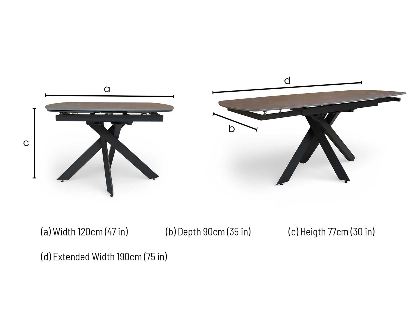 Dimensions for the ‘Warrior’ Grey Sintered Stone Swivel Extending Dining Table.