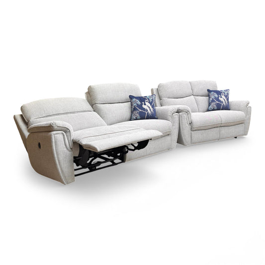 Full View The SCS ‘Ashton’ 3+2 power recliner sofa set in Bariba Grey woven fabric, featuring modern chrome inserts and a sophisticated contemporary design.