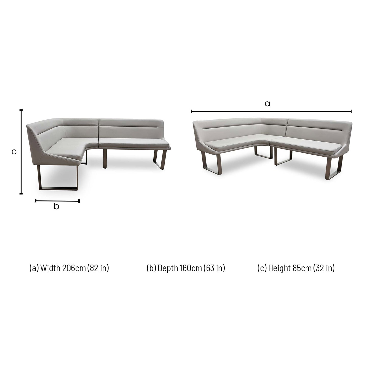 Dimension technical drawing for the Avorio bench: 206cm width, 160cm depth, and 85cm height.