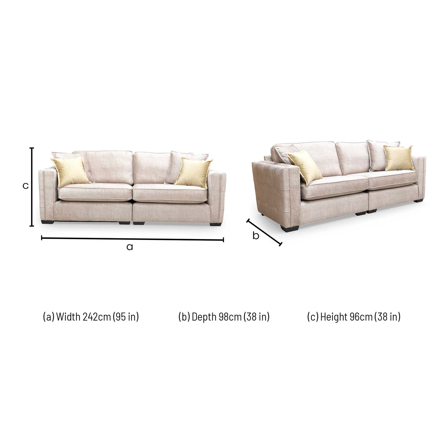 Detailed dimensions for the Thornbrook ‘Chelsea’ Beige Vogue Velvet Formal Back 4 Seater Split Frame Sofa.