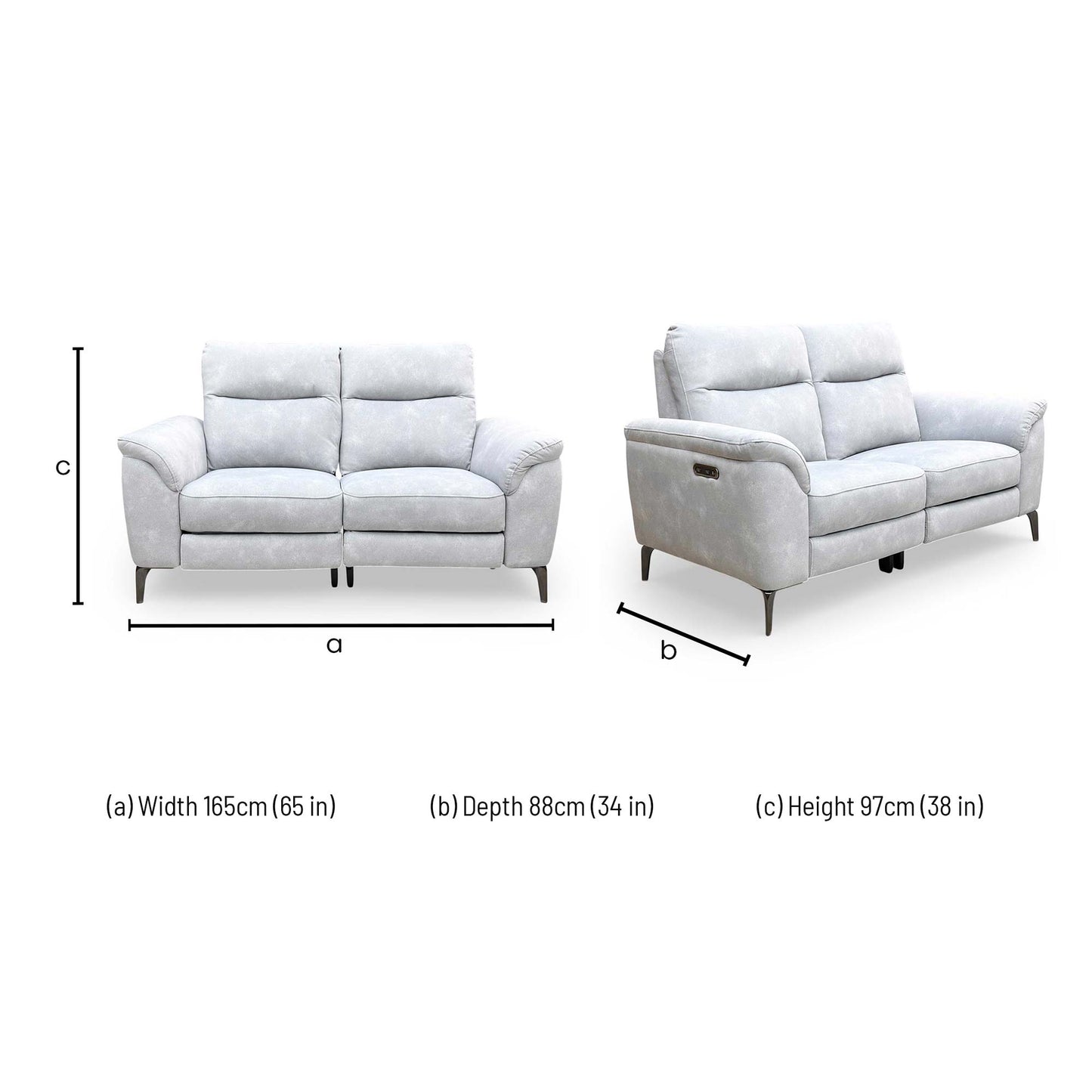 Dimensions for the ‘Morgan’ Dexter Smoke 43516 Velvet 2 Seater Power Recliner Sofa.