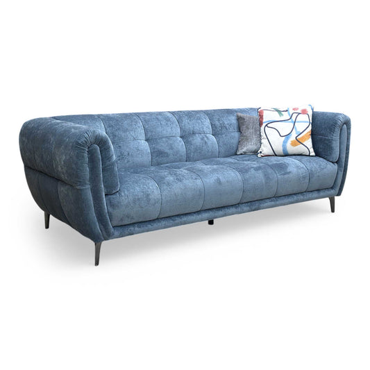 Full View ‘Sienna’ contemporary 3-seater fabric sofa from the Hudson collection, beautifully upholstered in a striking Ocean Blue tone fabric with clean, modern lines.