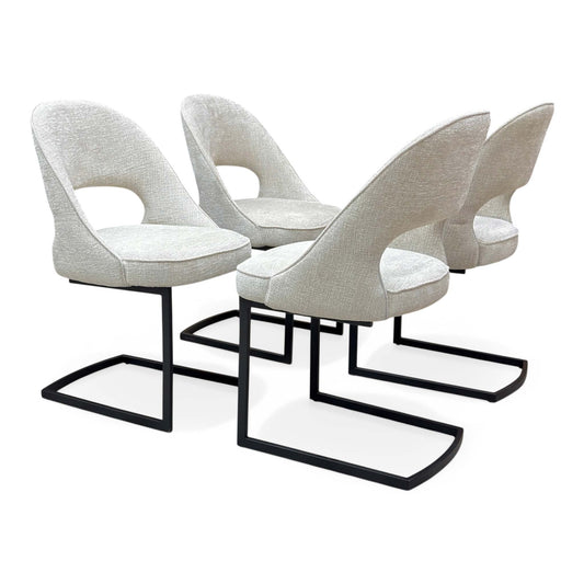 Full View ‘Tiber’ contemporary dining suite, featuring a matching set of 4 cantilever dining chairs beautifully upholstered in a sophisticated Alabaster Beige fabric.