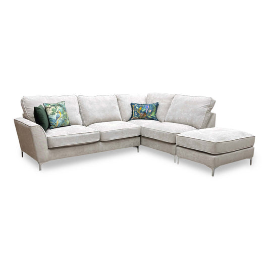 Full View ‘Legend’ contemporary right-hand facing corner sofa, beautifully tailored in a luxurious Kingston Silver fabric upholstery with a traditional classic back design.