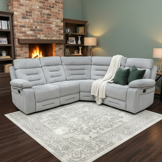 Lifestyle shot of the ‘Wilbur’ corner sofa in a modern living room setting, highlighting its comfortable grey fabric upholstery.