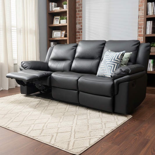 Living room view for the Albion 3-seater sofa, highlighting the durable faux leather upholstery, manual reclining mechanism, and plush cushioning.