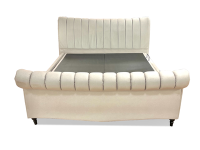 'Thiago' Smooth Stone Velvet Side Lift Bed Frame with Ottoman Storage - Super King