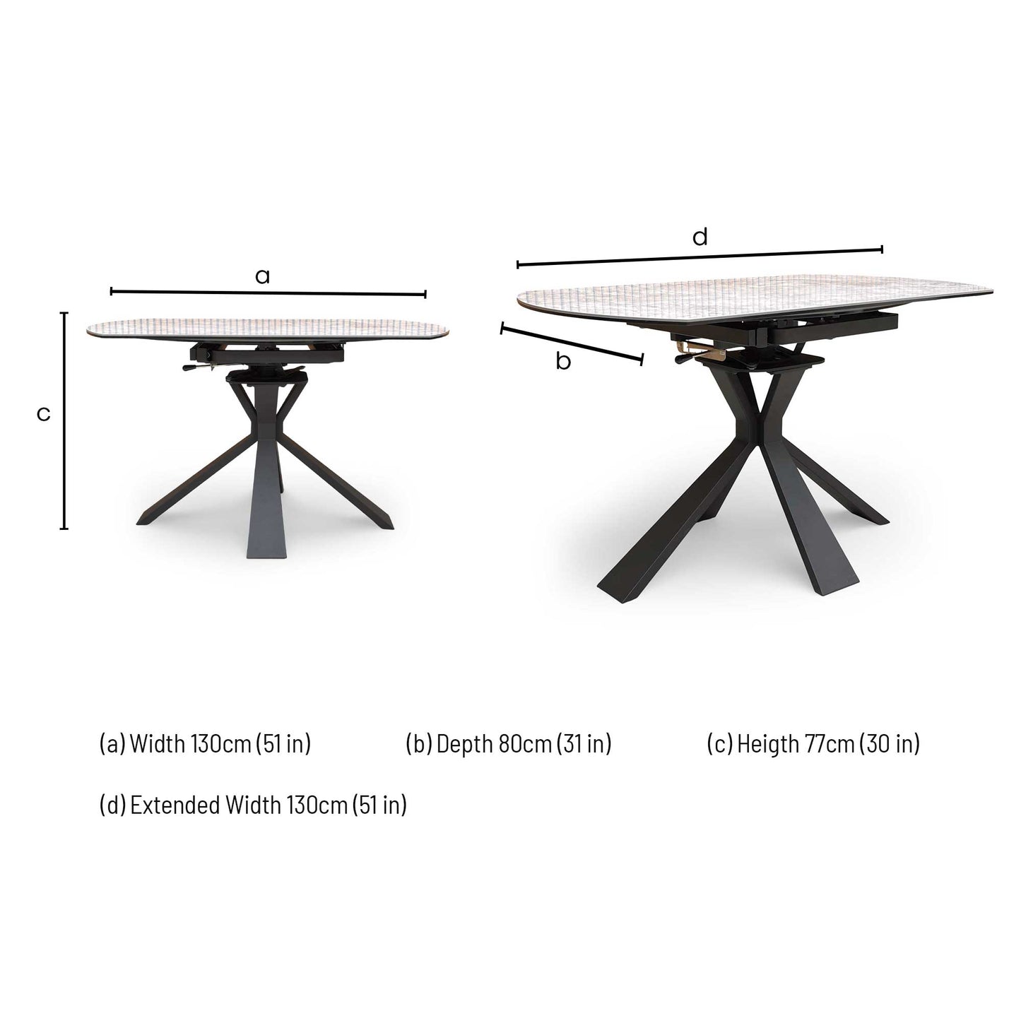 Technical dimension diagram for the Crete White Ceramic Round Extending Dining Table, indicating the standard diameter and extended width measurements.