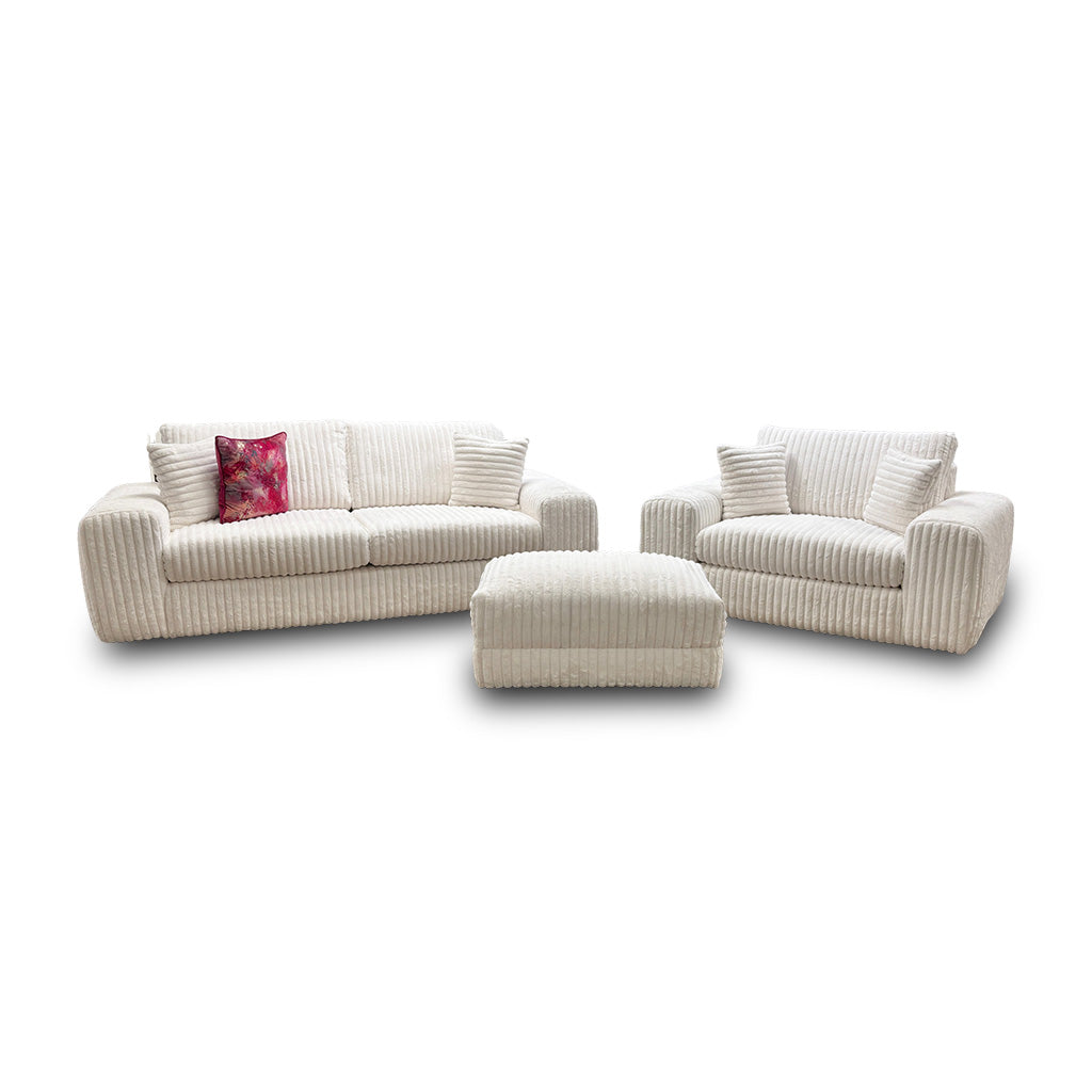 'Rib' Ivory Soft Fur Cord Fabric 3 Seater Sofa + Snuggler + Footstool